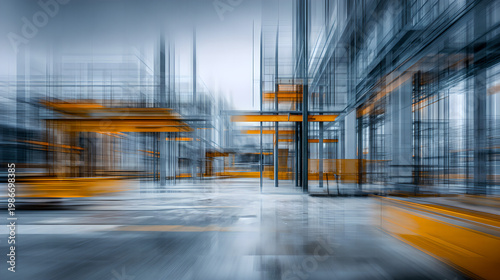 disavowal. Construction site with abstract industrial elements, metal and concrete textures, and dramatic side lighting. real-estate listings.