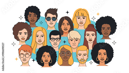 Diverse collection of people avatars featuring different ethnicities, hairstyles, and accessories represents a global community.