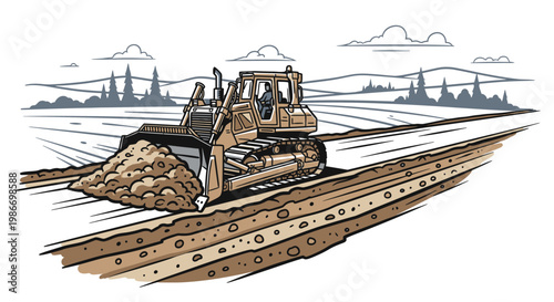 Bulldozer on railroad tracks moving earth.