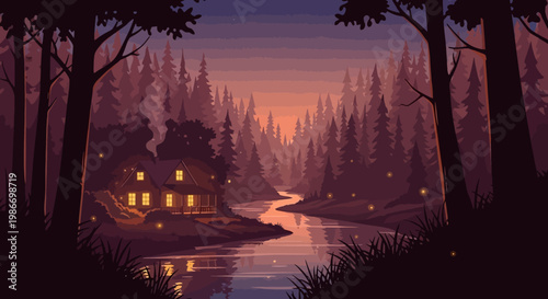 Cozy Cabin by a Winding River at Sunset.