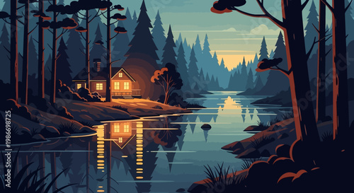 Cozy Cabin by the River at Sunset.