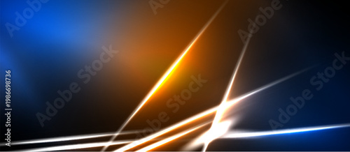 Abstract design features vibrant blue, orange lines. Dynamic composition creates energetic visual impact. Dark background enhances luminosity.