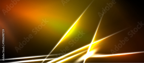 Abstract background features vibrant orange, yellow light streaks. Dark space dominates composition, creating dramatic effect. Minimalist design.