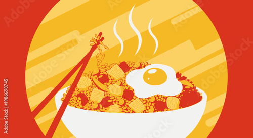 Delicious bowl of noodles with egg.