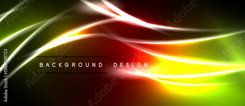 Abstract neon lines create vibrant energy. Colors blend, forming dynamic background design. Brightness contrasts with dark areas.