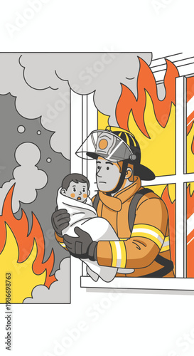 Firefighter holding a baby safely.