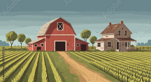 Red Barn and Farmhouse in a Rural Landscape.
