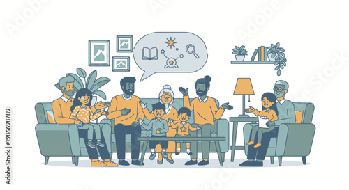 Family sitting on sofa together indoors.