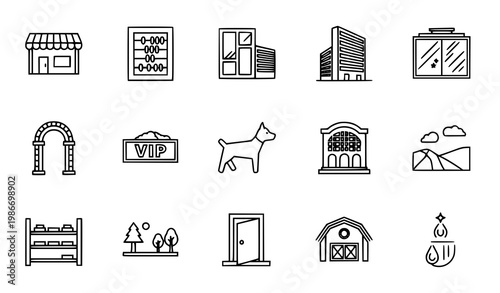 Modern outline retail architecture icon collection with shop building and environment symbols in thin line style vector