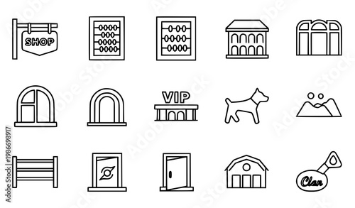 Minimal thin line architecture and retail icon set with building shop and environment outline symbols vector