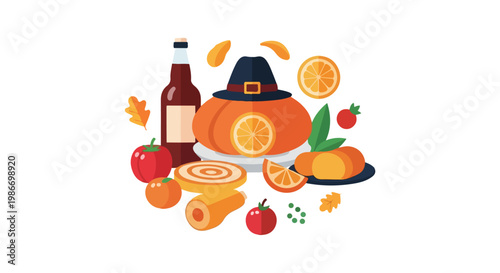 Festive vector illustration featuring a pumpkin in a pilgrim hat, a bottle of cider, and seasonal fruits and vegetables for Thanksgiving celebration.