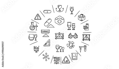 Modern outline glass and science icon collection with lab pharmacy and safety symbols in thin line style vector