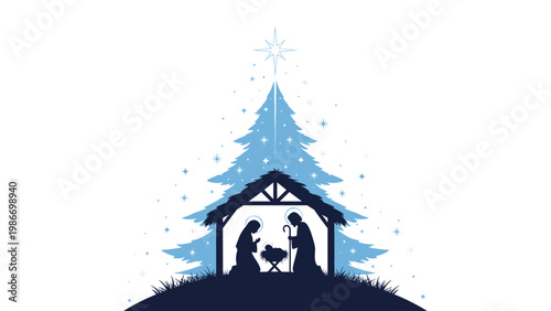 Dark blue silhouette of a nativity scene with Mary, Joseph, and baby Jesus in a stable set against a large stylized Christmas tree.