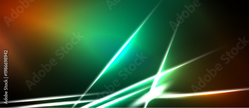 Abstract background features vibrant lines, gradients. Green, orange hues dominate dark space. Dynamic energy radiates from central point.