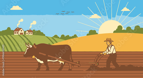 Man plowing field with oxen farm.