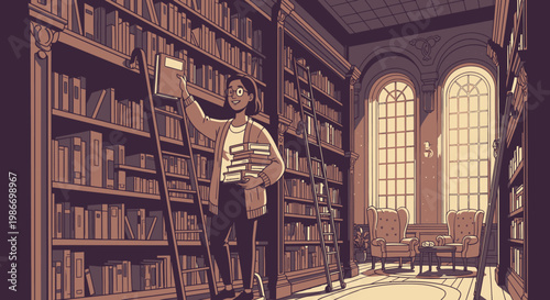 Man standing on ladder in library.