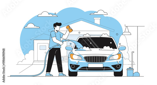 Man washing a car with sponge.