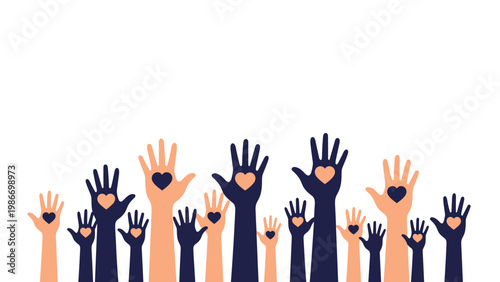 Numerous raised hands of different colors each featuring a small heart in the palm represent universal love, care, and volunteering.