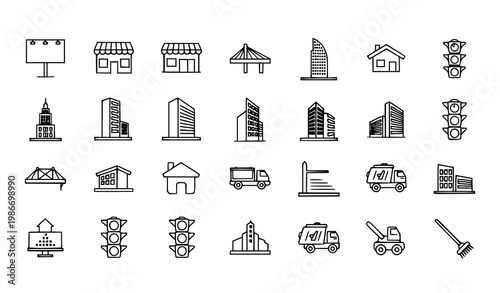 Thin stroke minimal city icon set with urban buildings transport and service outline symbols for UI design