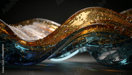 Abstract 3D Render of Twisted Glass Wave Ribbon with Golden Amber and Blue Teal Liquid Droplets on Dark Background, Luxury Fluid Art Concept