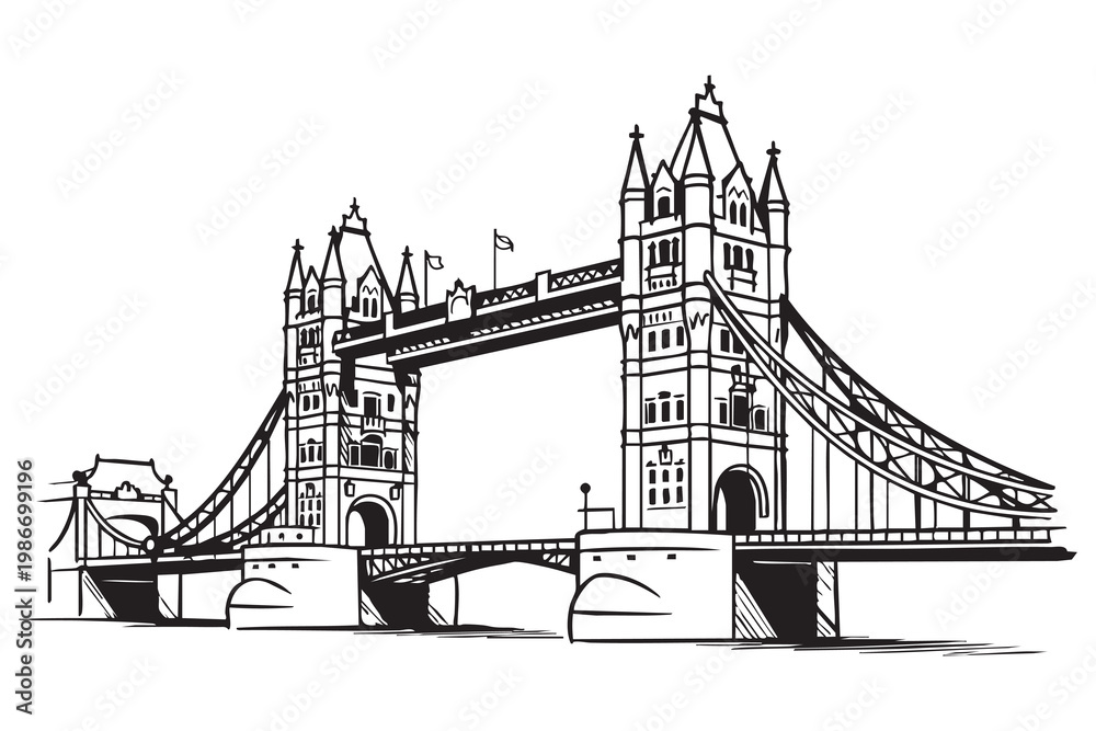 Obraz premium Tower Bridge London Line Art Vector | Minimal Outline Landmark Icon Set