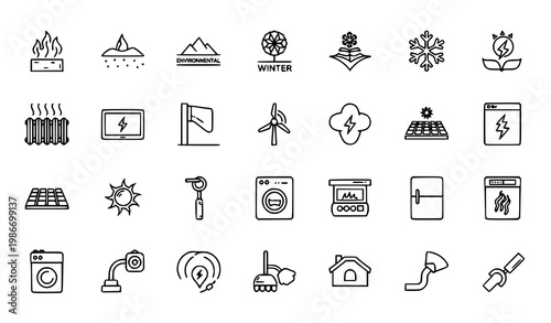 Thin stroke minimal electric icon set with energy environment and appliance outline symbols for UI design
