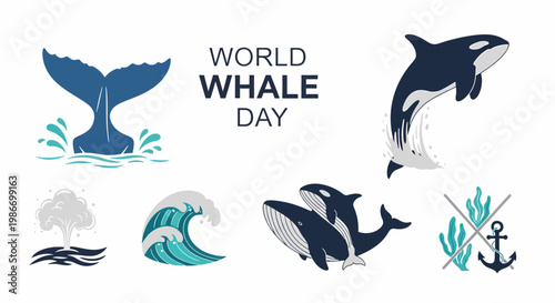 Collection of blue whale illustrations including a tail orca spout ocean wave and anchor for World Whale Day