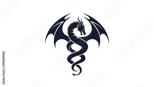 Black silhouette of a powerful dragon with wings spread wide against a plain white background for logo or tattoo design.