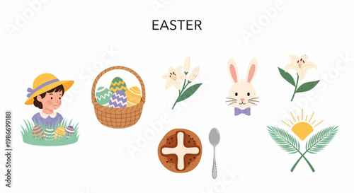 Collection of flat Easter illustrations with a girl egg basket bunny lilies hot cross bun and palm branches