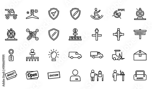 Thin stroke minimal transport icon set with logistics safety and delivery outline symbols for UI design
