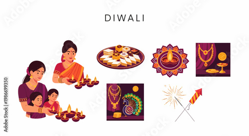 Diwali festival illustrations with women holding diyas sweets gold jewelry fireworks and a peacock
