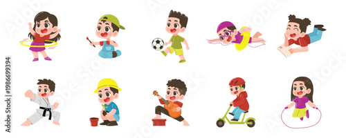 Photos Vector Illustration of Kids Character Collection Doing Various Activities and Hobbies