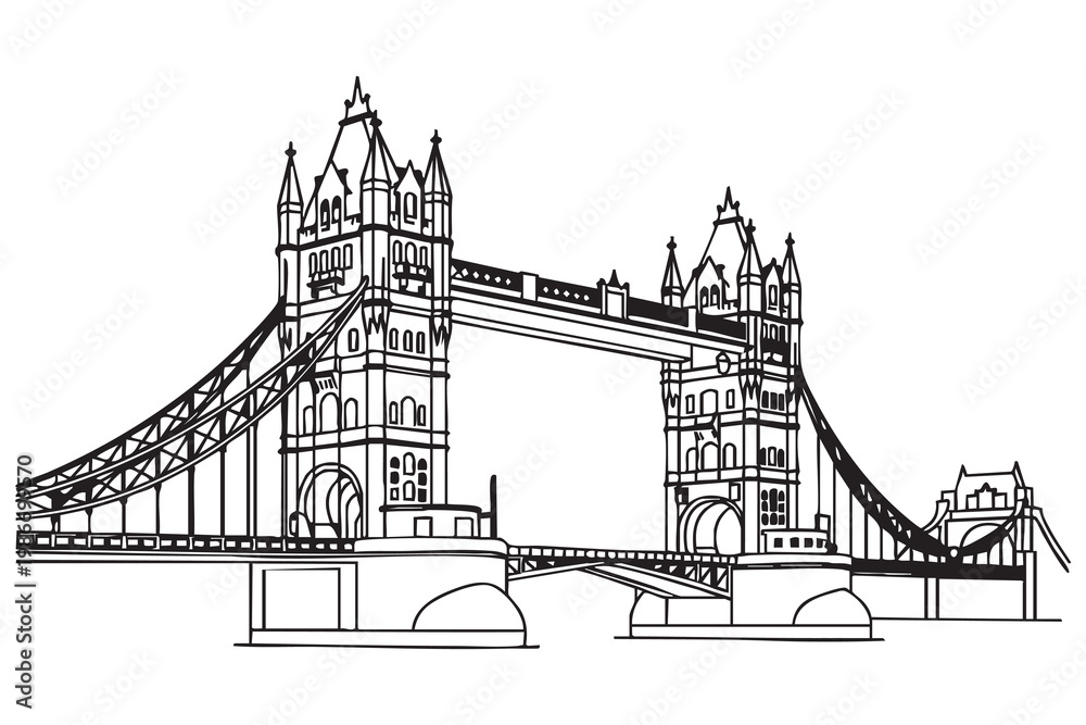 Obraz premium Tower Bridge London Line Art Vector | Minimal Outline Landmark Icon Set