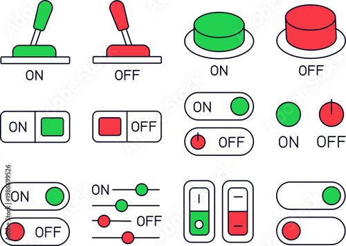 On and Off Switch Icon Set with Toggle Buttons Sliders and Lever Controllers for UI UX Interface Design