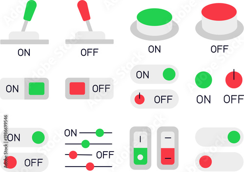 On and Off Switch Icon Set with Toggle Buttons Sliders and Lever Controllers for UI UX Interface Design