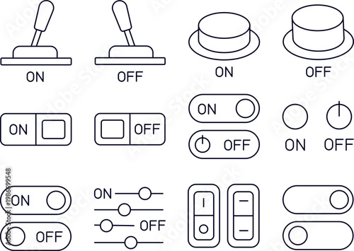 On and Off Switch Line Icon Set with Toggle Buttons Sliders and Lever Controllers for UI UX Interface Design