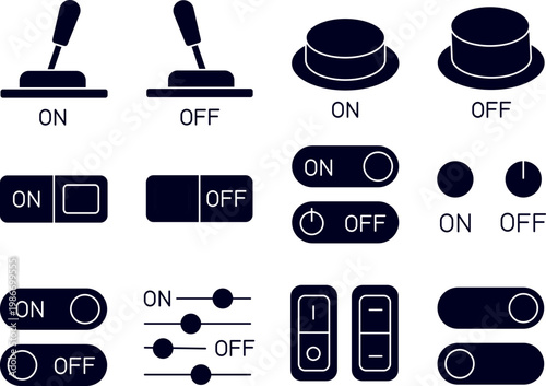On and Off Switch Glyph Icon Set with Toggle Buttons Sliders and Lever Controllers for UI UX Interface Design