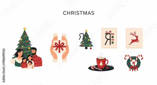 Festive Christmas illustrations featuring a family by a tree wrapped gifts reindeer art and seasonal treats