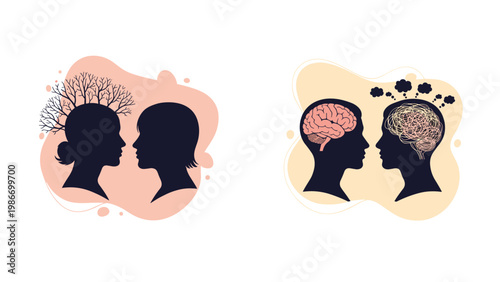 Two sets of human profiles illustrating different mental states with a flourishing tree and a complex brain pattern.
