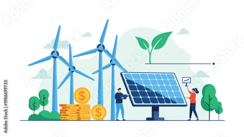 Illustration of people working with renewable energy sources like wind turbines and solar panels for sustainability.