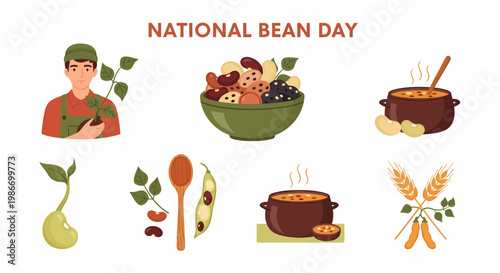 Flat vector illustrations of a farmer diverse beans sprouting seeds and bean stew bowls for National Bean Day