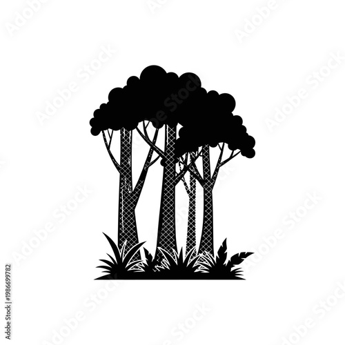 Black silhouette of several trees standing.