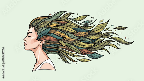 Artistic portrait of a woman with long flowing hair made of colorful autumn leaves in a detailed vector style.