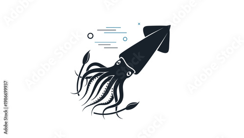 Stylized silhouette of a squid swimming upwards with tentacles trailing behind on a clean white background for marine designs.