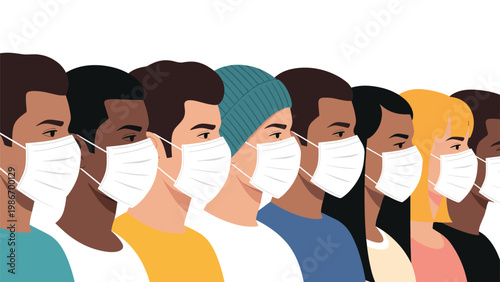 Profile views of diverse people wearing white medical masks represent public health measures, pandemic safety, and communal protection.