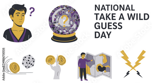 Illustration for National Take a Wild Guess Day featuring icons like a crystal ball dice coins and maps