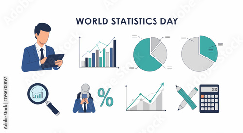 Illustration for World Statistics Day featuring business professional bar charts pie graphs and calculation tools