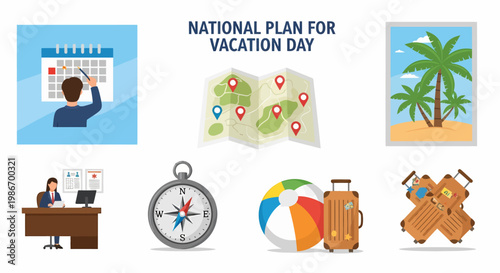 Illustration of vacation planning elements including a map calendar compass suitcases and beach scene