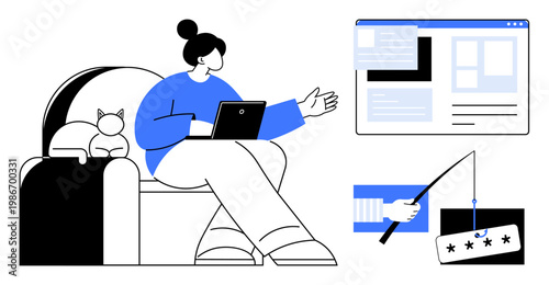 Cybersecurity, online fraud prevention, data protection, phishing awareness, digital safety, internet security. Person on sofa with laptop, browser window phishing hook. Cybersecurity and online