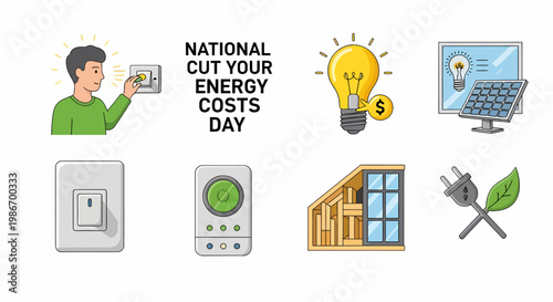 Illustrations for National Cut Your Energy Costs Day featuring solar panels insulation and light switches